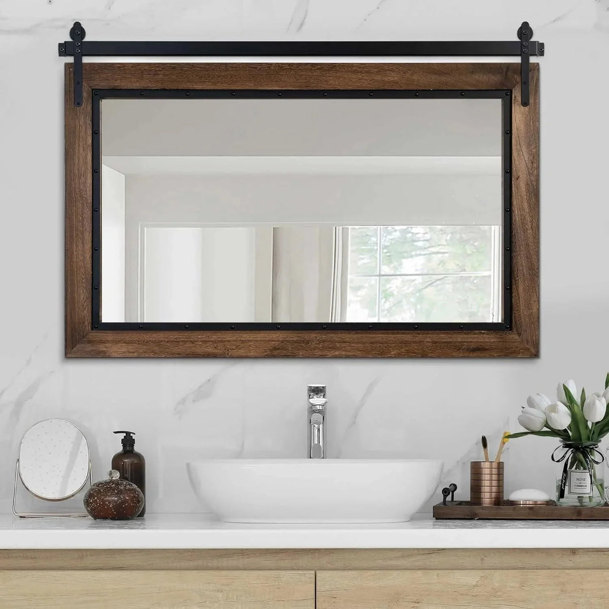 COSMOGO Farmhouse Barn Door Style Natural Wood Bathroom Vanity Wall Mirror 24 x 32 in