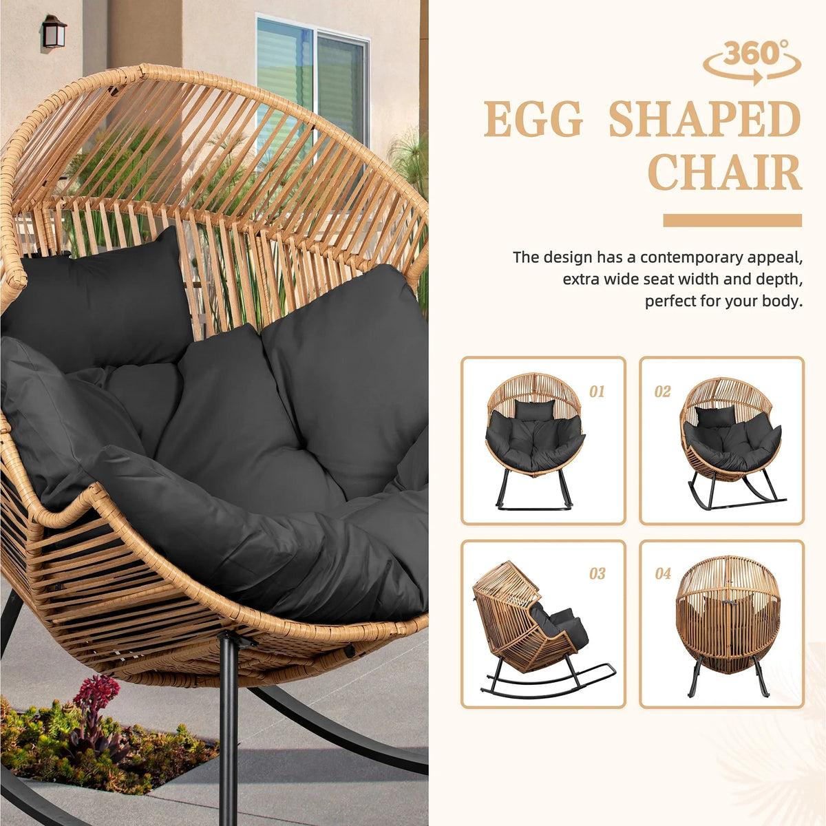 Walsunny Outdoor Patio Wicker Oversized Egg Chair With Cushion