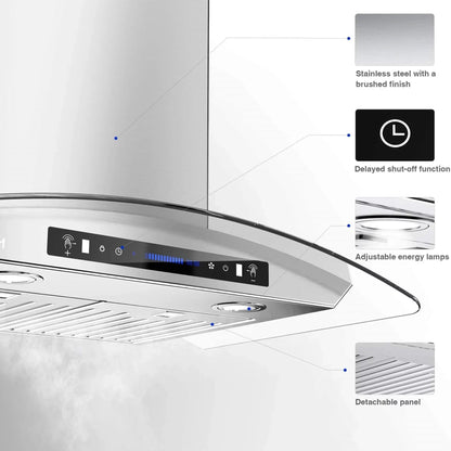IKTCH Wall Mount Range Hood 30 Inch Tempered Glass Stainless Steel, 900 CFM - IKP03-30