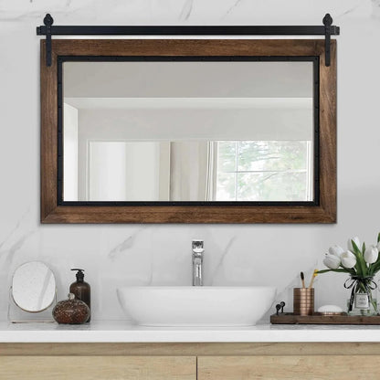 COSMOGO Farmhouse Barn Door Style Natural Wood Bathroom Vanity Wall Mirror 24 x 32 in