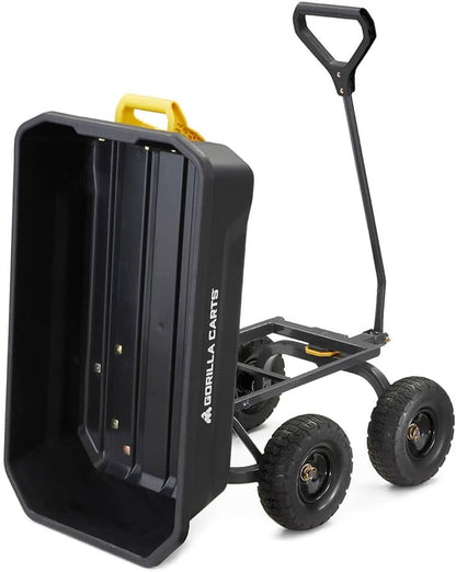 Poly Dump Garden Cart With No-Flat Tires And Serrated Shovel, 7 Cubic Feet, 1,200 lb Capacity, Black