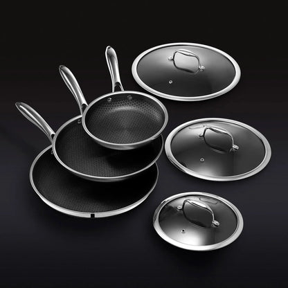 Hybrid Stainless Steel Pan Set With Glass Lids, 6-Piece, 8-Inch, 10-Inch And 12-Inch, Black