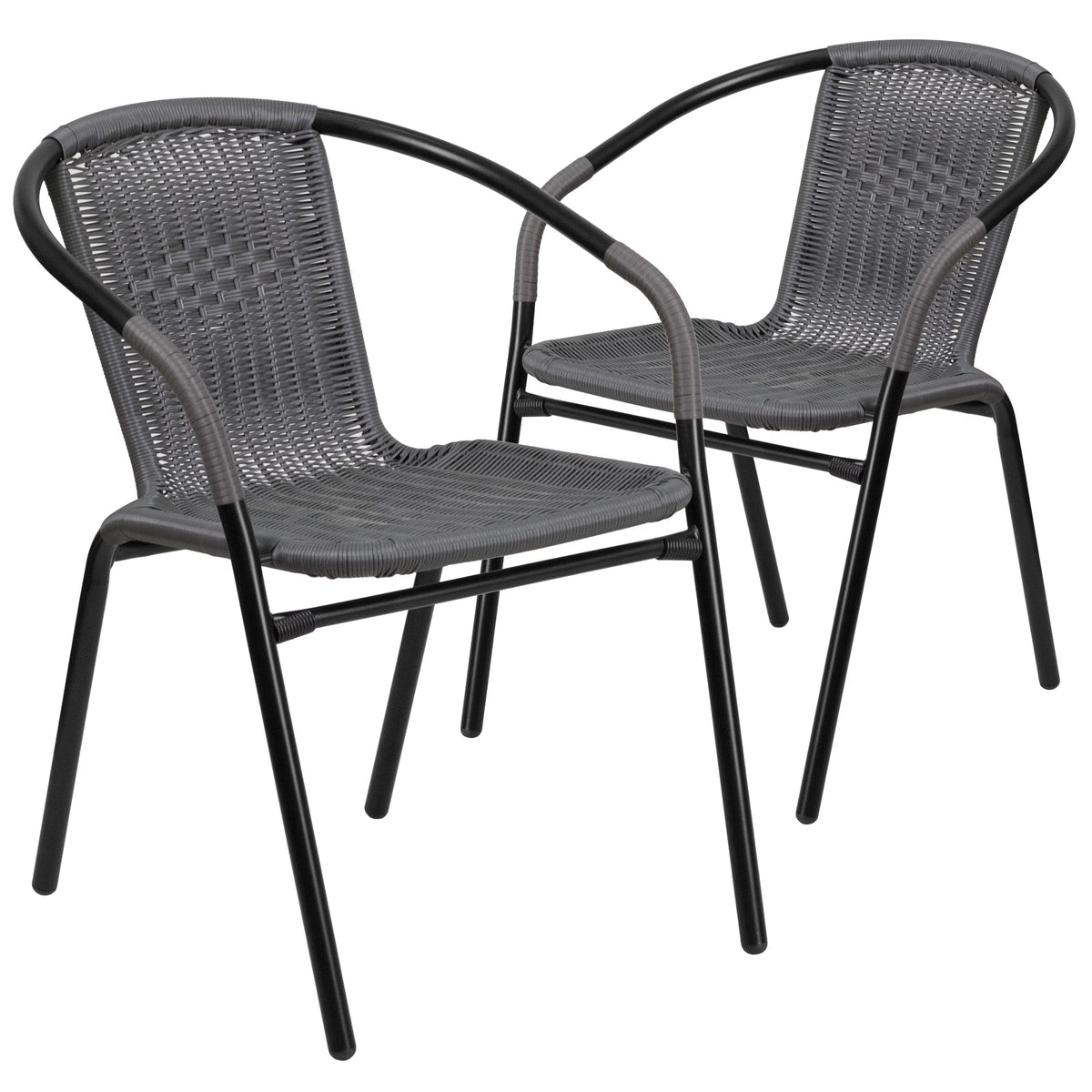 Emma + Oliver Indoor/Outdoor Stacking Rattan Patio Chairs, Set of 2, Gray