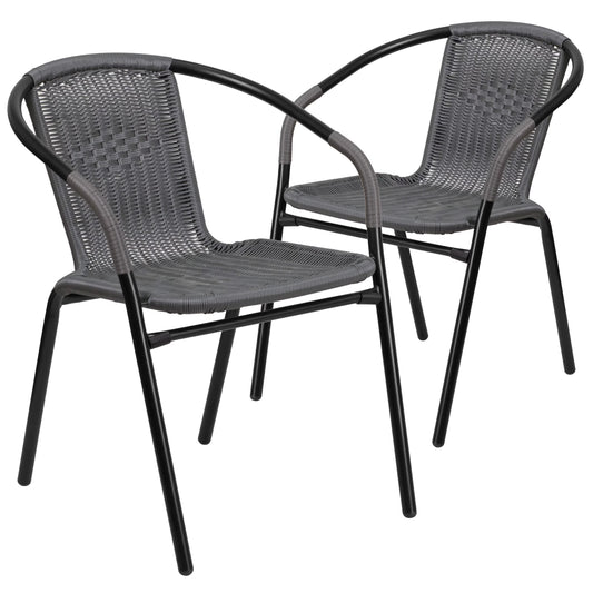 Emma + Oliver Indoor/Outdoor Stacking Rattan Patio Chairs, Set of 2, Gray