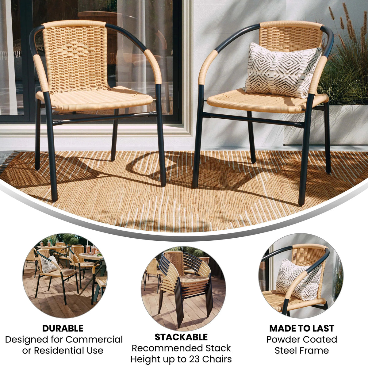 Emma + Oliver Indoor/Outdoor Stacking Rattan Patio Chairs, Set of 2, Gray