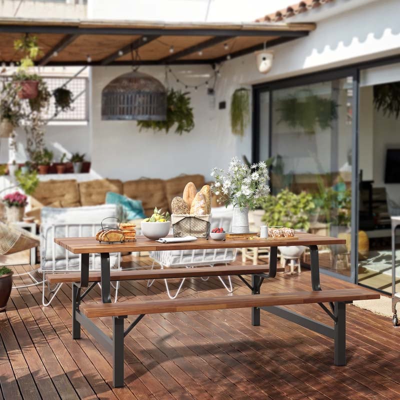 Acacia Wood Picnic Table Bench Set, 71in With 2in Umbrella Hole And Metal Frame