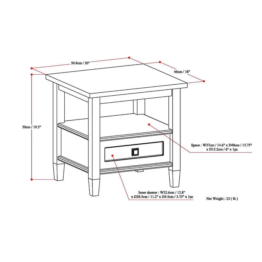 Solid Wood Rectangle End Table With Drawer And Shelf, 18.1in D x 20in W x 19.5in H - Norfolk