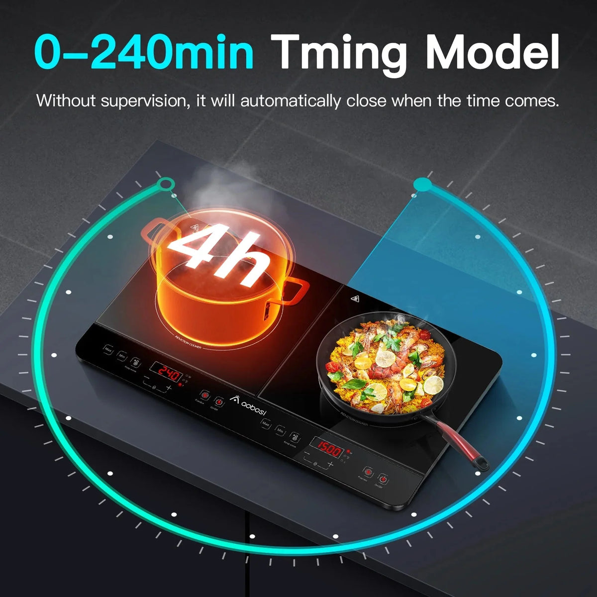 Aobosi Double Induction Cooktop With 2 Burners, 1800W, Black