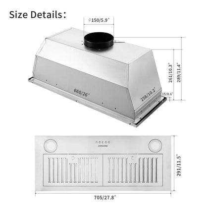 Zomagas Built-In Range Hood 30 inch 600 CFM Brushed Stainless Steel With LED Lights