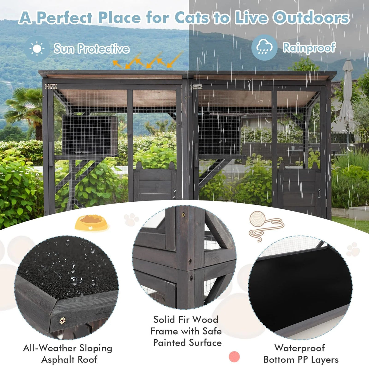 Outdoor Cat Enclosure, Grey, 63 x 27.5 x 72 in