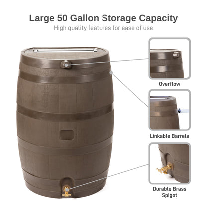 50 Gallon Rain Barrel With Brass Spigot And Flat-Back Design