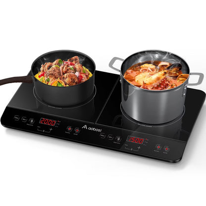 Aobosi Double Induction Cooktop With 2 Burners, 1800W, Black