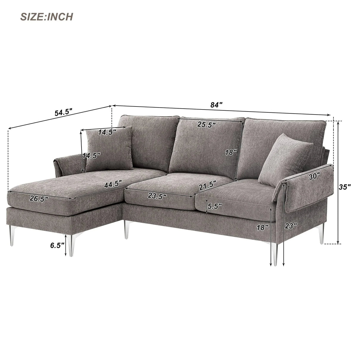 Churanty Convertible L-Shaped Sectional Sofa With Reversible Chaise Lounge, 84 Inch