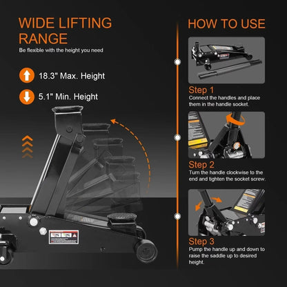 Heavy Duty Steel 3 Ton Hydraulic Floor Jack, Black - W8303-B