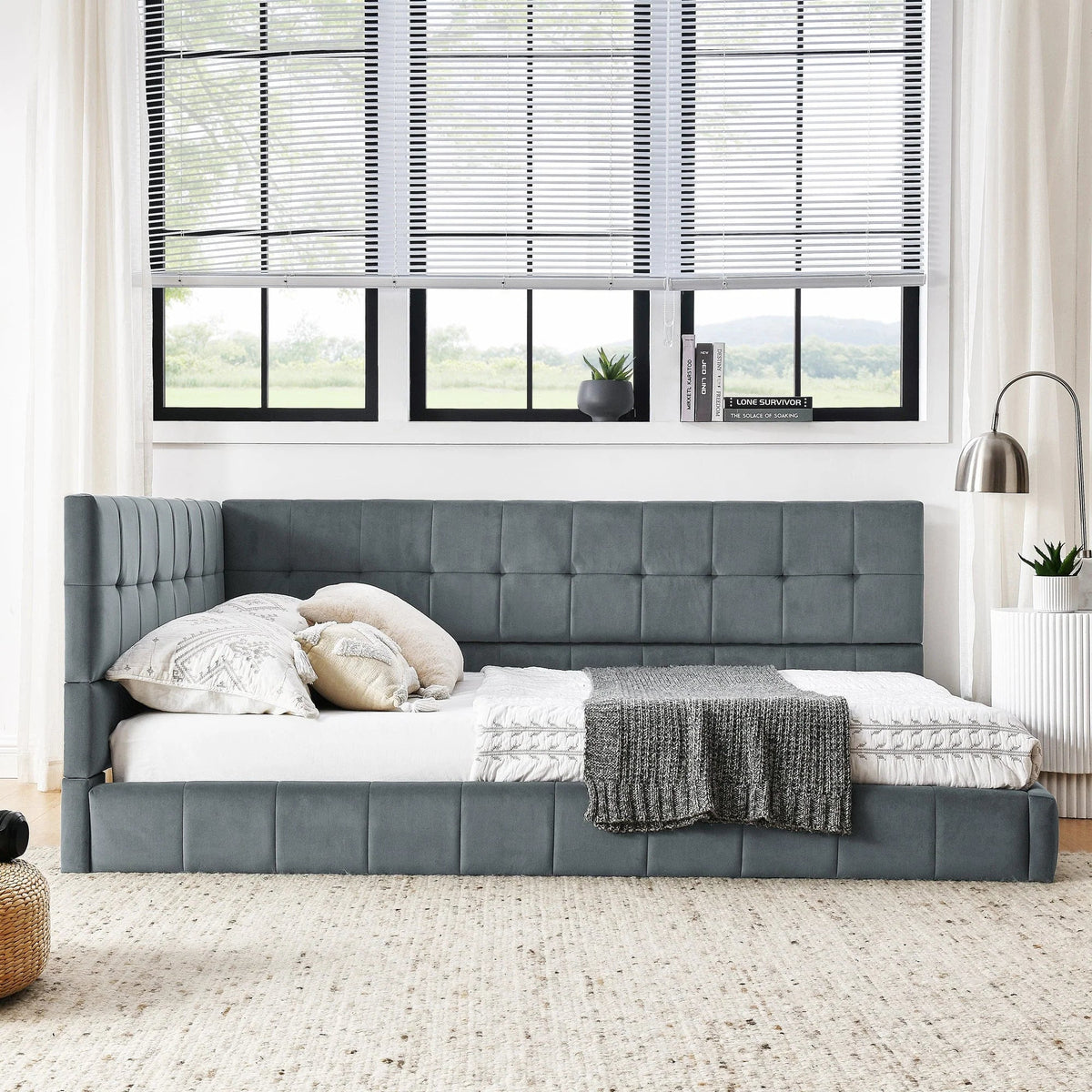 Full Upholstered Tufted Velvet Daybed Frame With Backrest And Armrests, Grey, 80.5'' x 59'' x 30.5''
