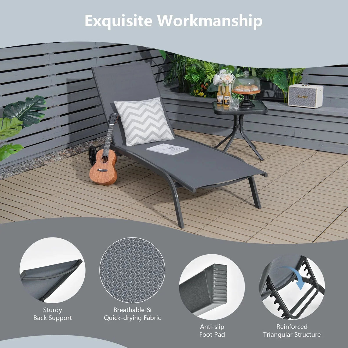 Costway Outdoor Adjustable Chaise Lounge Chairs, 2 Pack, 6-Position, Black