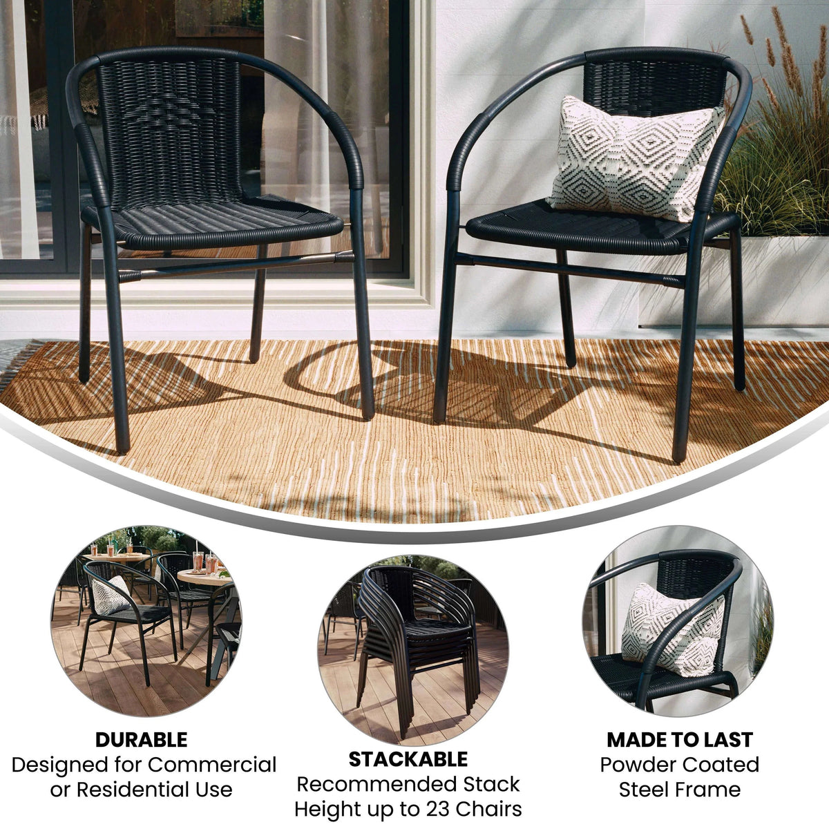Emma + Oliver Indoor/Outdoor Stacking Rattan Patio Chairs, Set of 2, Gray