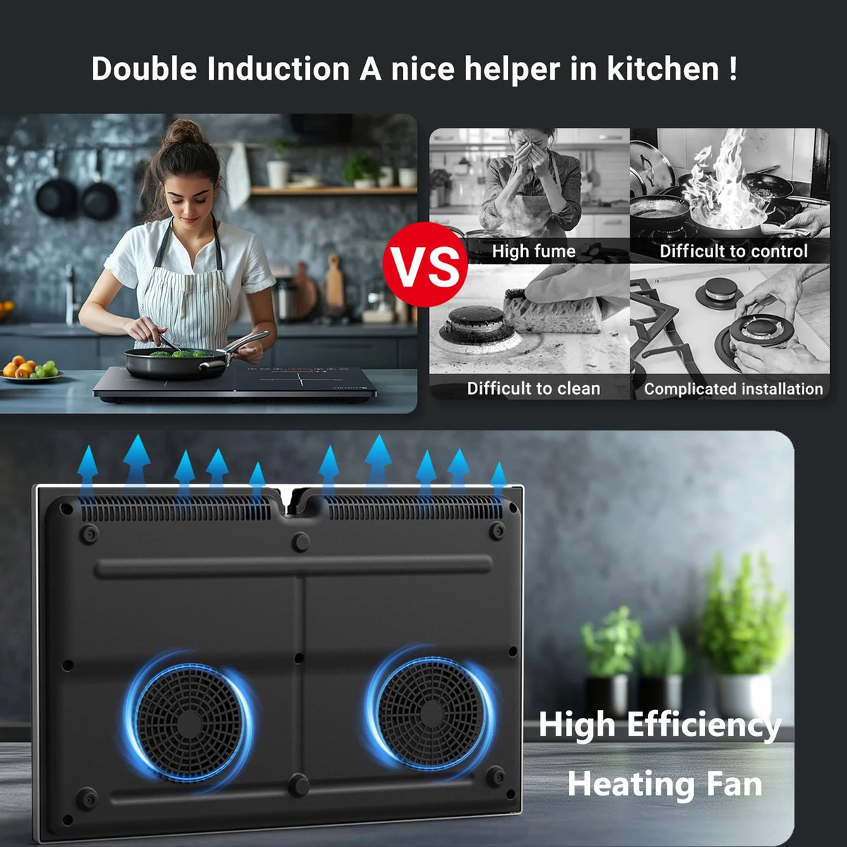 Aobosi Double Induction Cooktop With 2 Burners, 1800W, Black