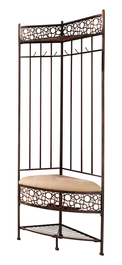 Crespin 6-Hook Corner Hall Tree With Bench And Shoe Storage, Brushed Copper Metal