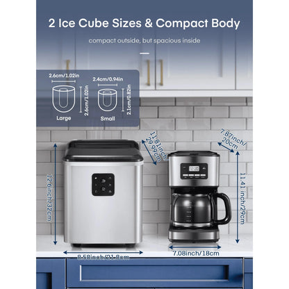 FOHERE Stainless Steel Countertop Ice Maker, 30lbs in 24h, 9 Bullet Cubes in 5 Mins, 2 Sizes, Self-Clean
