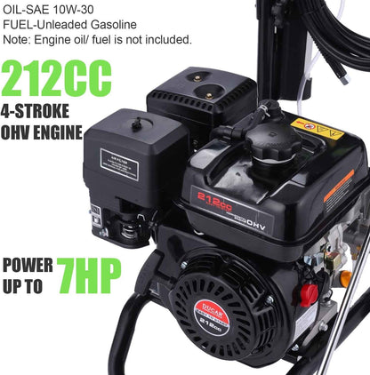Gas Pressure Washer 4200 PSI 4.0 GPM, 212CC Engine, 5 Nozzles, 25ft Hose, 0.5Gal Soap Tank - 20FT x 1/4 Black