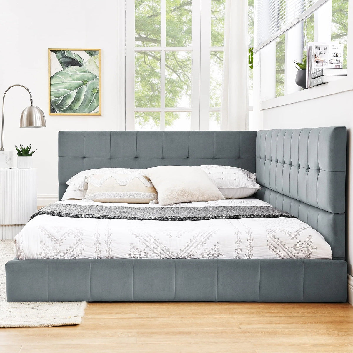 Full Upholstered Tufted Velvet Daybed Frame With Backrest And Armrests, Grey, 80.5'' x 59'' x 30.5''
