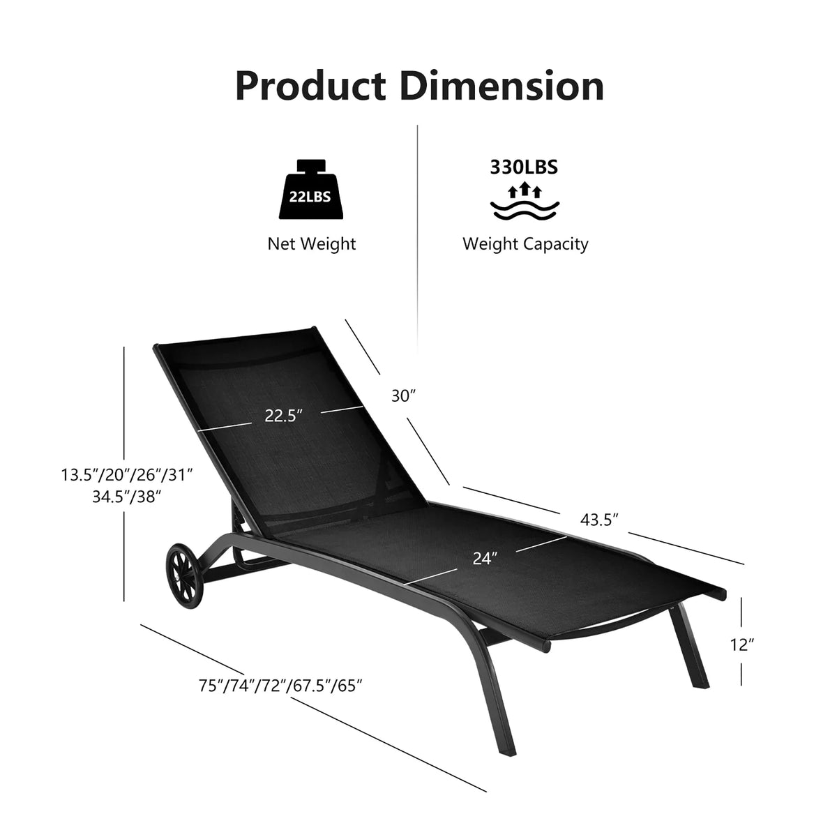 Costway Outdoor Adjustable Chaise Lounge Chairs, 2 Pack, 6-Position, Black