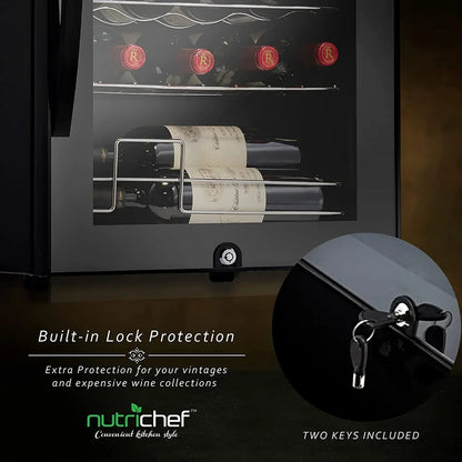 NutriChef Compressor Wine Cooler Refrigerator, 28 Bottle, Black Glass Door
