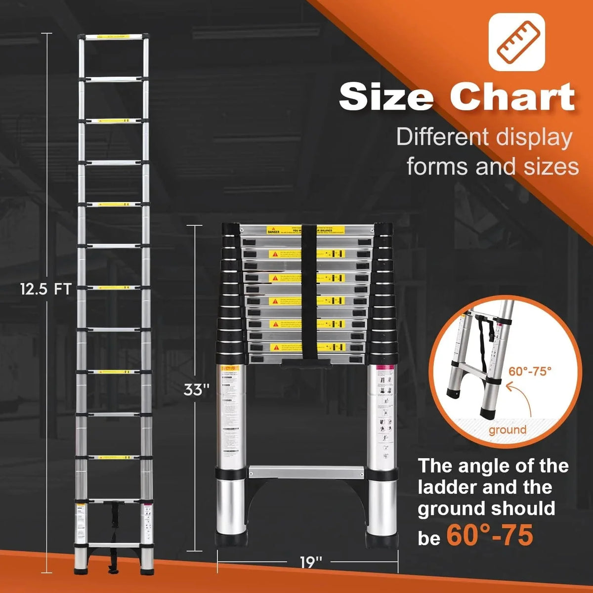 HBTower Telescoping Extension Ladder, Aluminum, 12.5 FT, 330 lbs Capacity, 2 Triangle Stabilizers