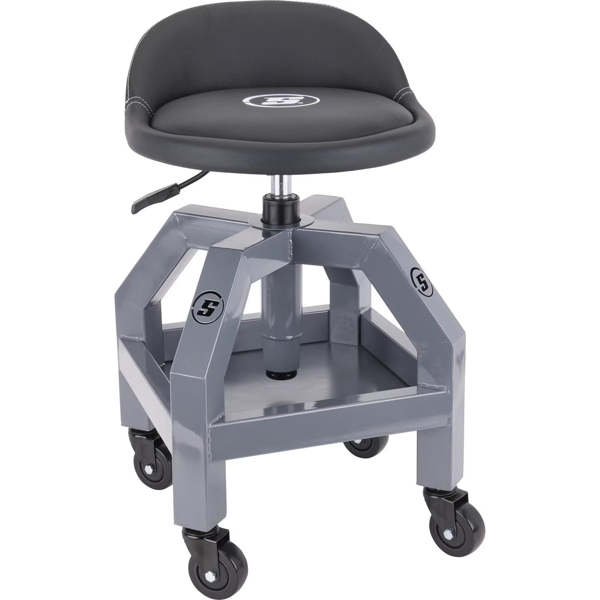 Speedway Motors Adjustable Rolling Shop Stool With Tool Tray, Leather Seat, 13-Inch To 18-3/4-Inch, 330 Pounds