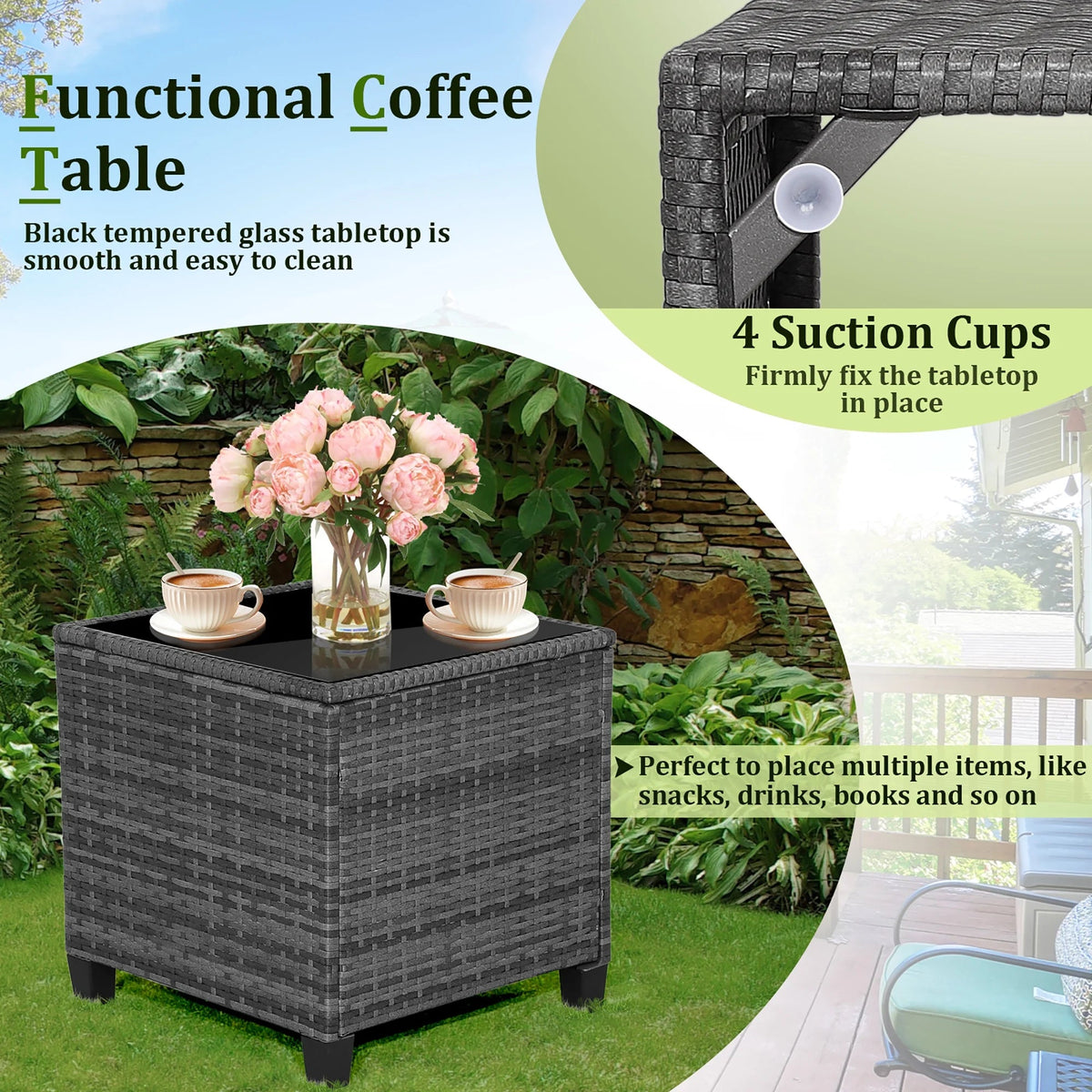 Gymax 3-Piece Patio Rattan Conversation Set With Glass Tabletop And Grey Cushions