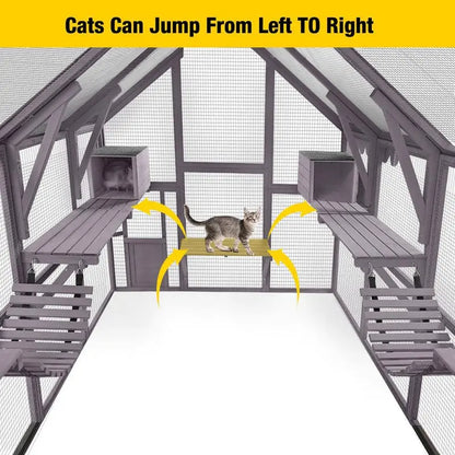 aivituvin Large Outdoor Cat Enclosure With 7 Platforms, 2 Bridges And 2 Small Houses