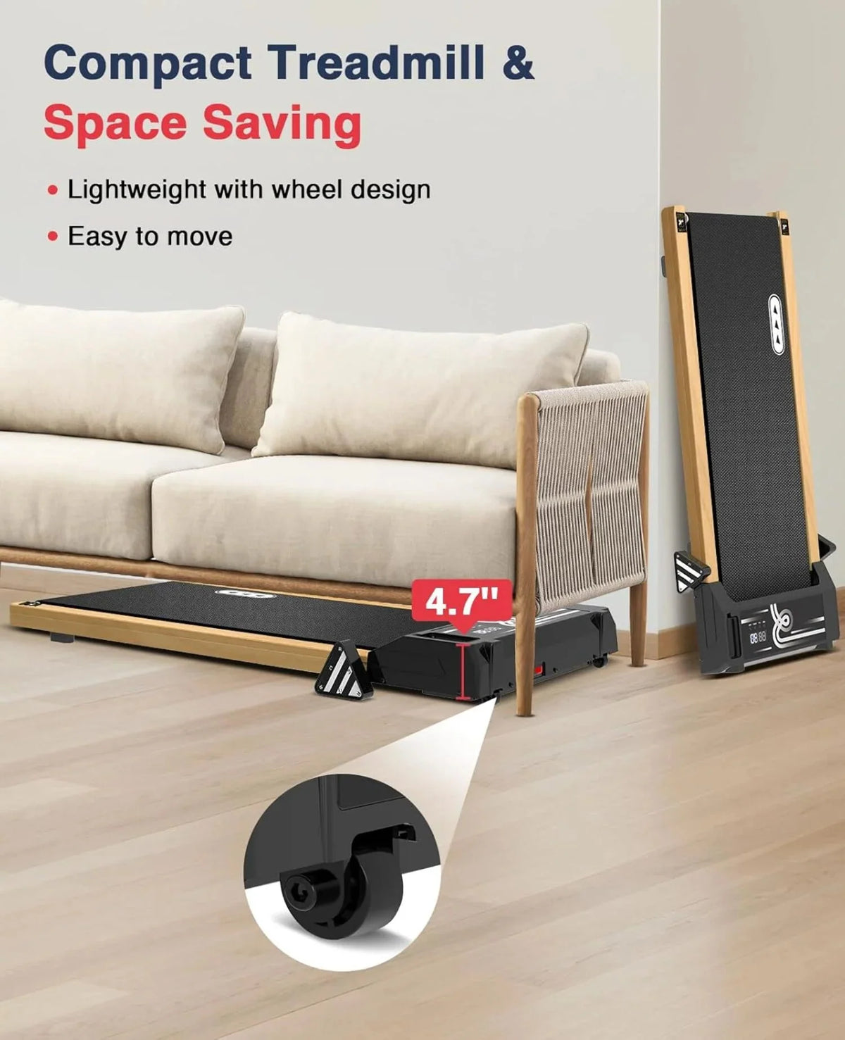 Ecotronic Indoor Electric Walking Pad With Natural Wood Finish, 2.25HP Motor, LED Display, Remote Control And Incline