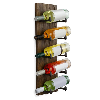 5 Bottle Wood Wall-Mounted Wine Rack, Walnut, 24in W - 10 Cast Iron Hooks