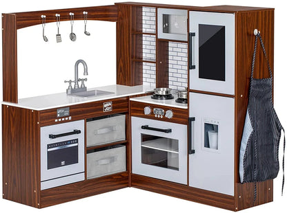 BRINJOY Corner Wooden Kids Play Kitchen With Faucet, Sink, Microwave, Oven, Apron, Blackboard, Sound And Light