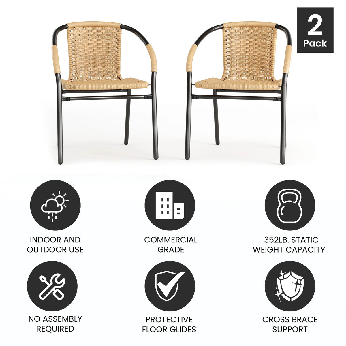 Emma + Oliver Indoor/Outdoor Stacking Rattan Patio Chairs, Set of 2, Gray