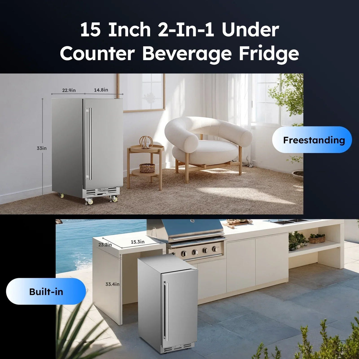 Ecojoy 15 Inch Stainless Steel Under Counter Beverage Refrigerator, 120 Cans