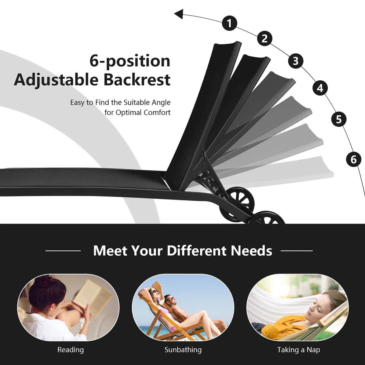 Costway Outdoor Adjustable Chaise Lounge Chairs, 2 Pack, 6-Position, Black