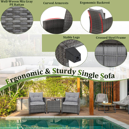 Gymax 3-Piece Patio Rattan Conversation Set With Glass Tabletop And Grey Cushions