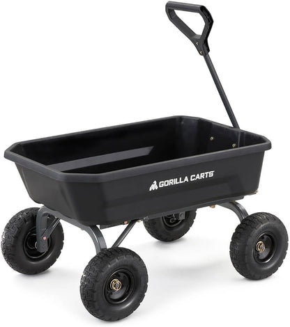 Poly Dump Garden Cart With No-Flat Tires And Serrated Shovel, 7 Cubic Feet, 1,200 lb Capacity, Black