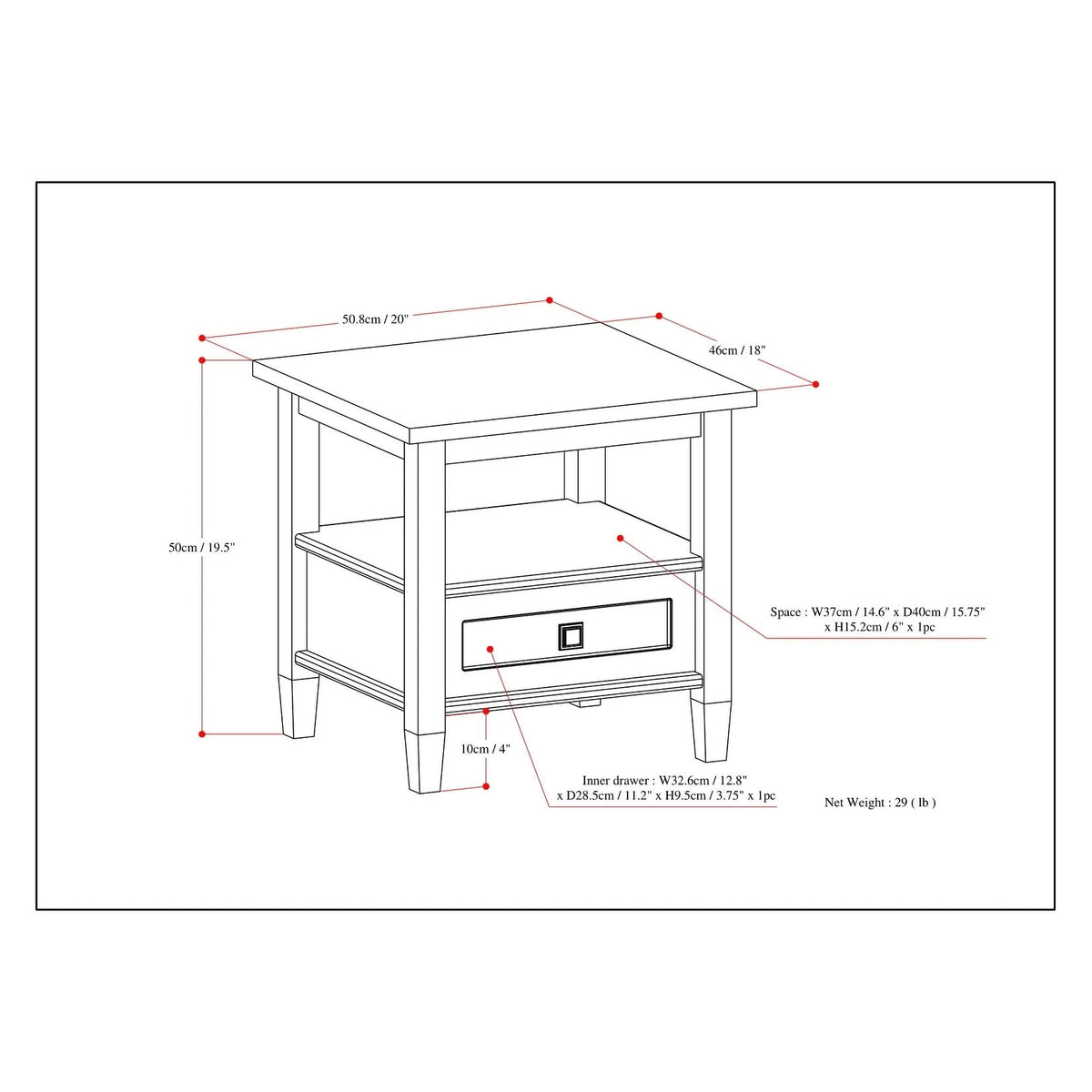 Solid Wood Rectangle End Table With Drawer And Shelf, 18.1in D x 20in W x 19.5in H - Norfolk