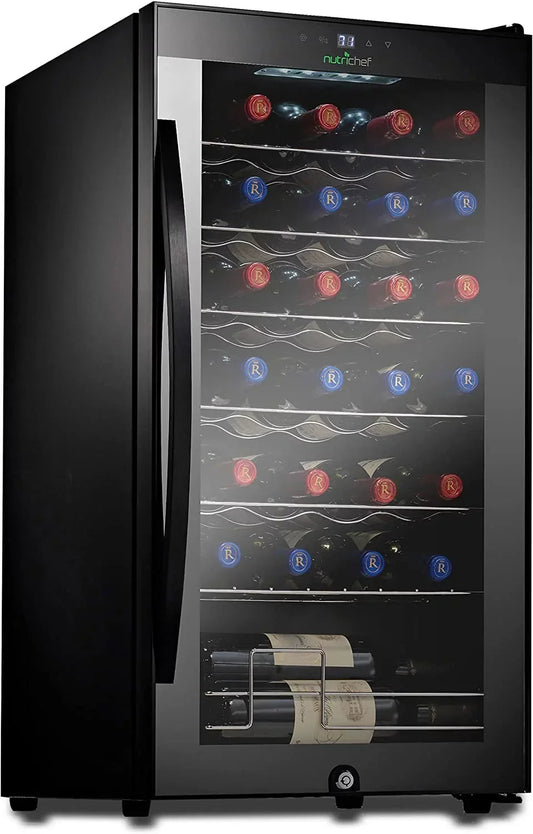 NutriChef Compressor Wine Cooler Refrigerator, 28 Bottle, Black Glass Door