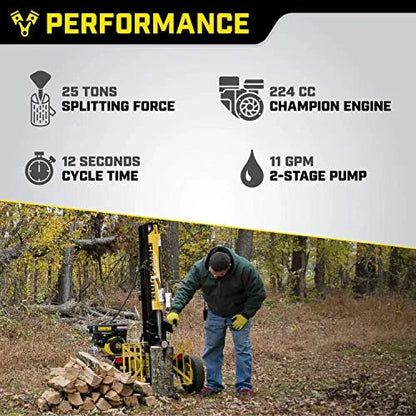 Champion Power Equipment 25-Ton Horizontal/Vertical Full Beam Gas Log Splitter With Auto Return - 100251