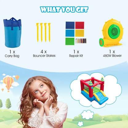 Costway Inflatable Bounce House With Slide, 480W Blower, 74.5 x 102.5 x 81 in