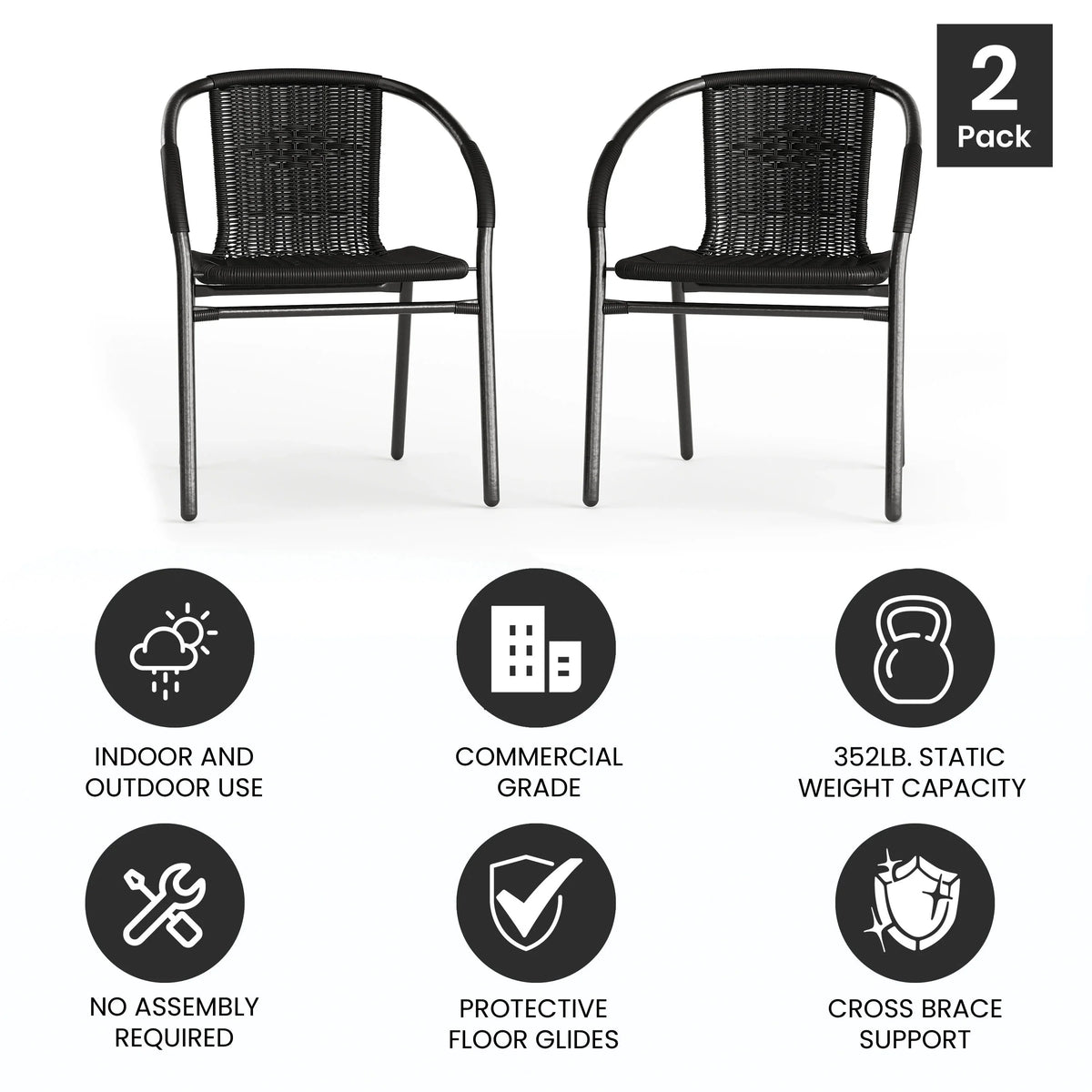 Emma + Oliver Indoor/Outdoor Stacking Rattan Patio Chairs, Set of 2, Gray