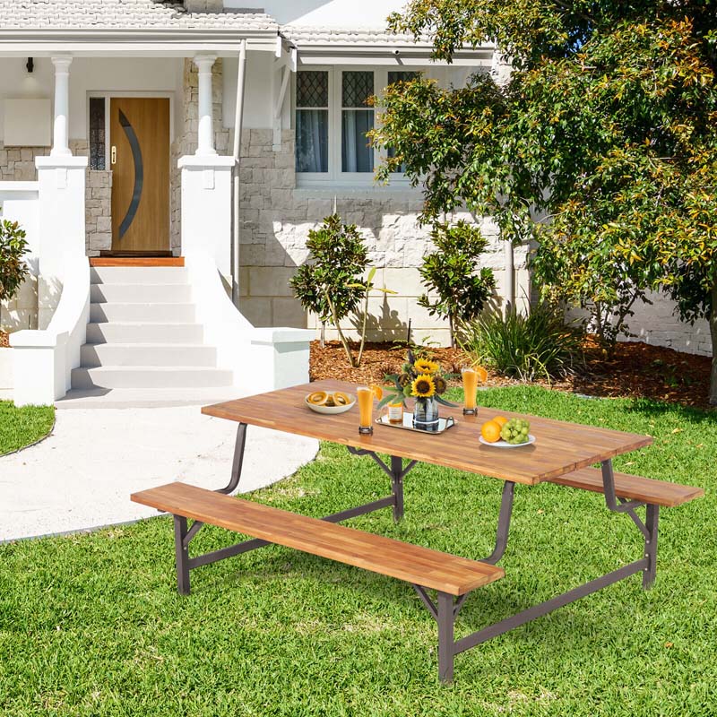 Acacia Wood Picnic Table Bench Set, 71in With 2in Umbrella Hole And Metal Frame