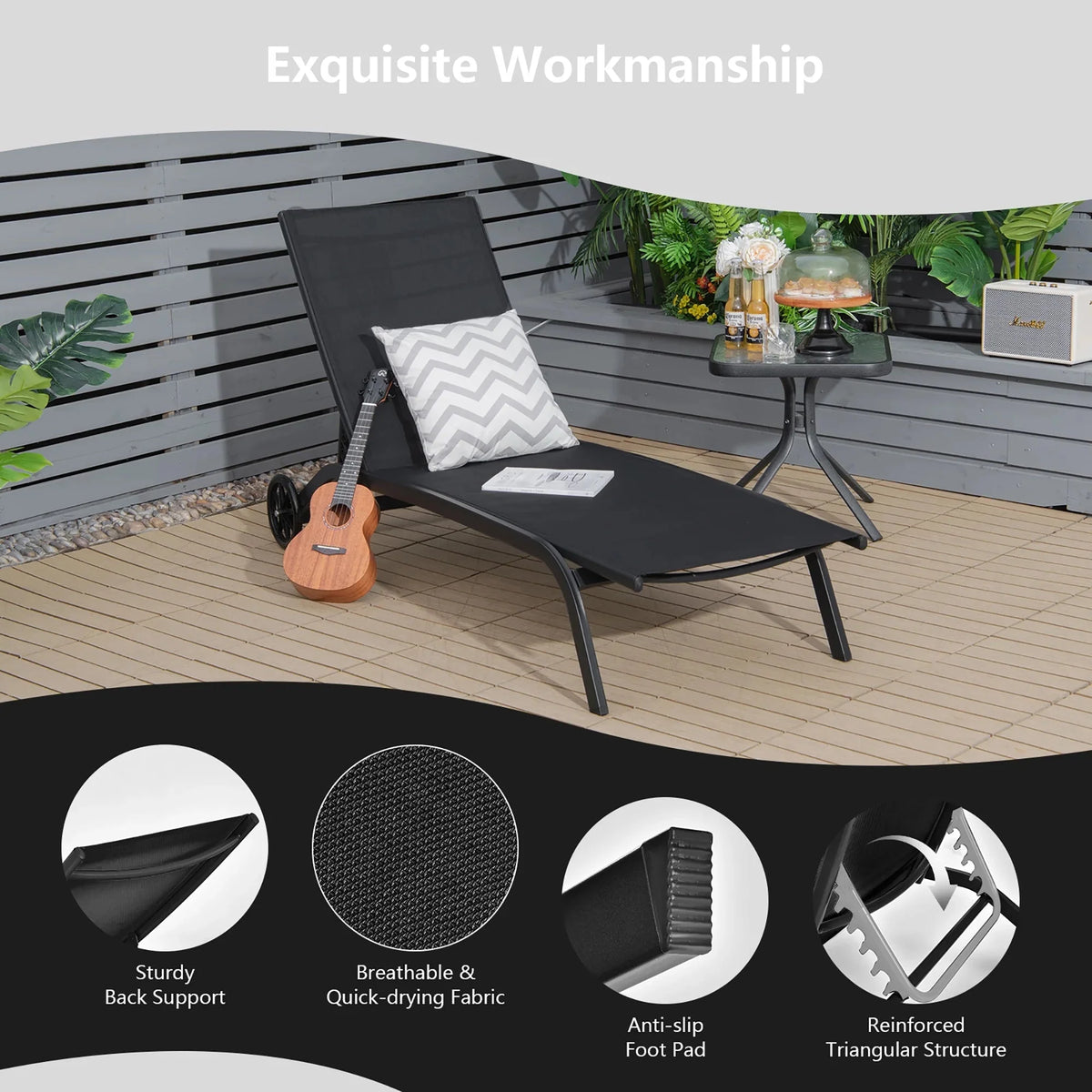 Costway Outdoor Adjustable Chaise Lounge Chairs, 2 Pack, 6-Position, Black