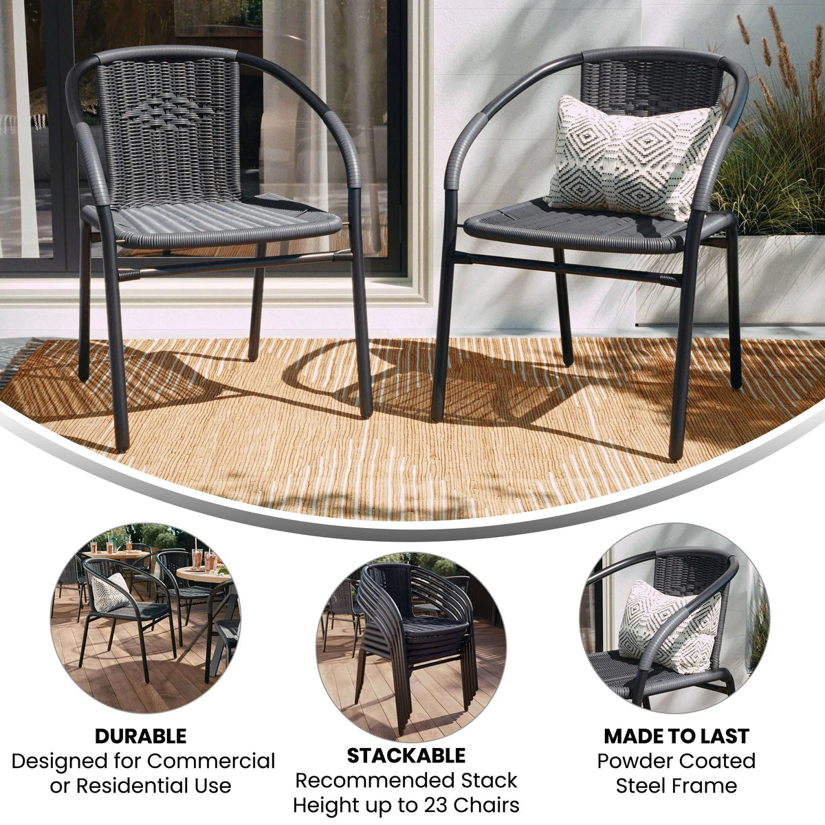 Emma + Oliver Indoor/Outdoor Stacking Rattan Patio Chairs, Set of 2, Gray