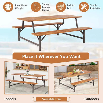 Acacia Wood Picnic Table Bench Set, 71in With 2in Umbrella Hole And Metal Frame