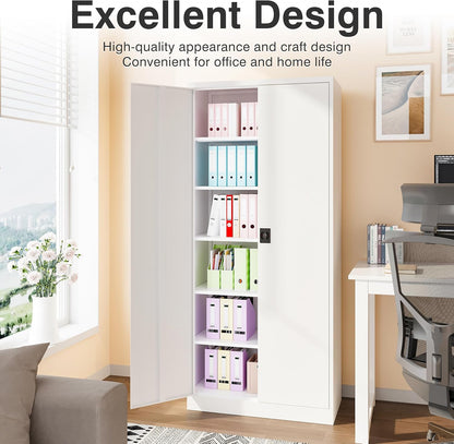 SISESOL White Steel Storage Cabinet With Locking Doors, 71 Inch Tall, 5 Adjustable Shelves